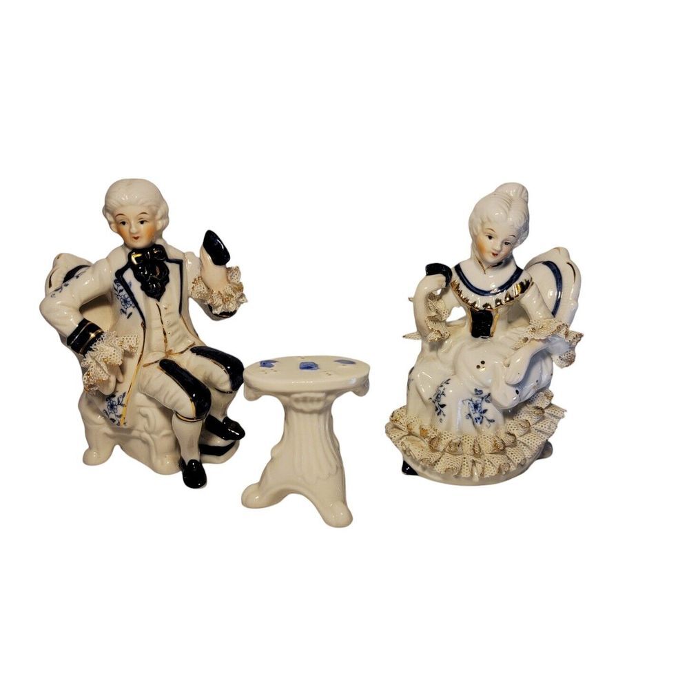 Vintage Blue & White Gold Victorian Porcelain Couple Playing Cards 3 Piece Set
